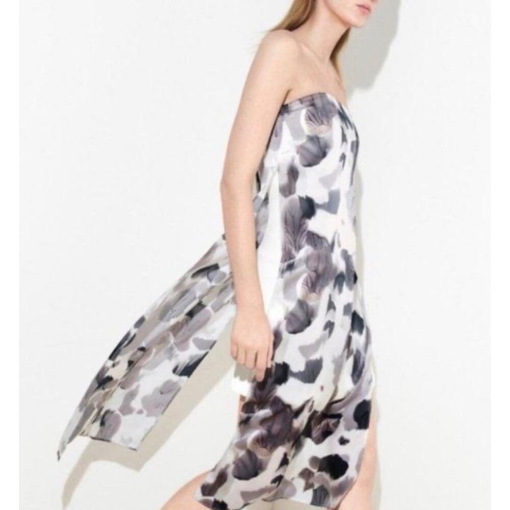 Helmut Lang Crypsis Print Strapless Silk Midi Dress Black White‎ Gray size 10
